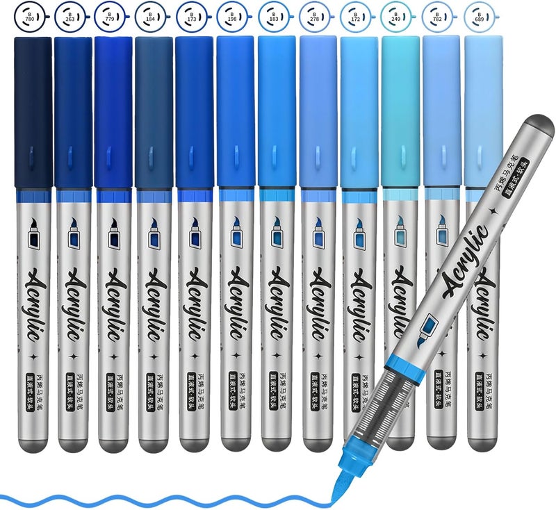 ZZWUAPT Blue Acrylic Paint Pens,12 Color Paint Pen Markers,Brush Tip Paint Pens for Rock Painting Wood Glass Ceramic Canvas Stone DIY Crafts Making Art Supplies - Image 1